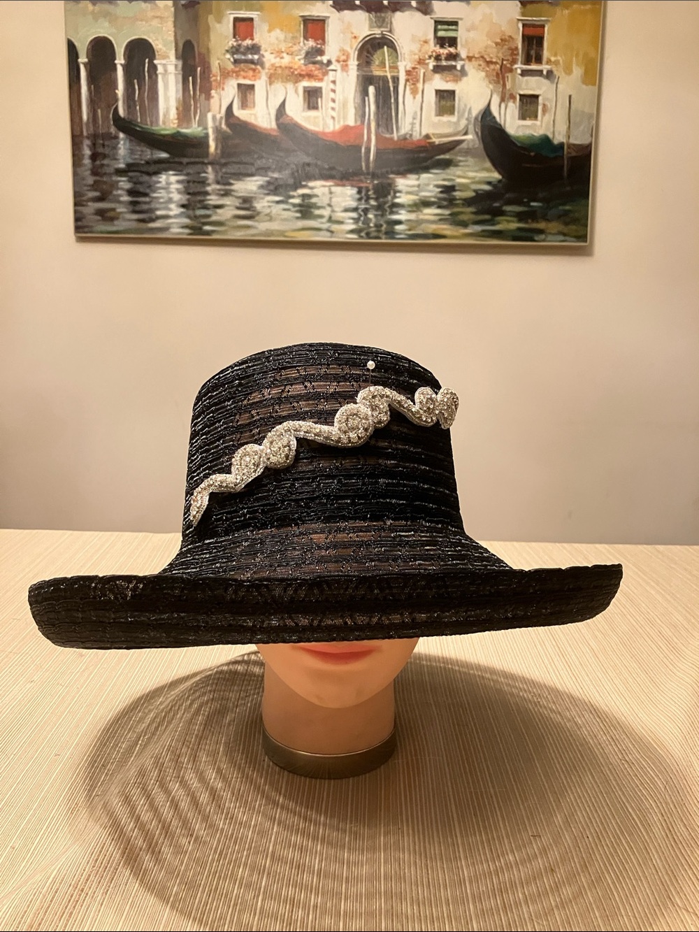 Elegant Black Women's Wide-Brim Hat with Silver Rhinestone Beaded Motif Accents